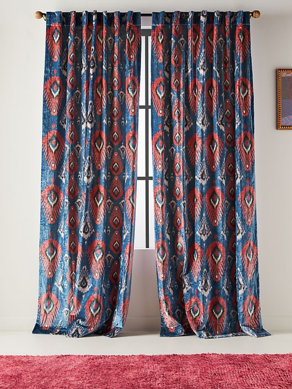 Anthropologie Blue and Red Ikat Curtain Panels